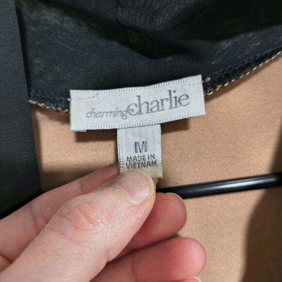 Charming Charlie Size Medium Black Tie Neck Top Beige 3/4 Sleeve - Picture 2 of 5